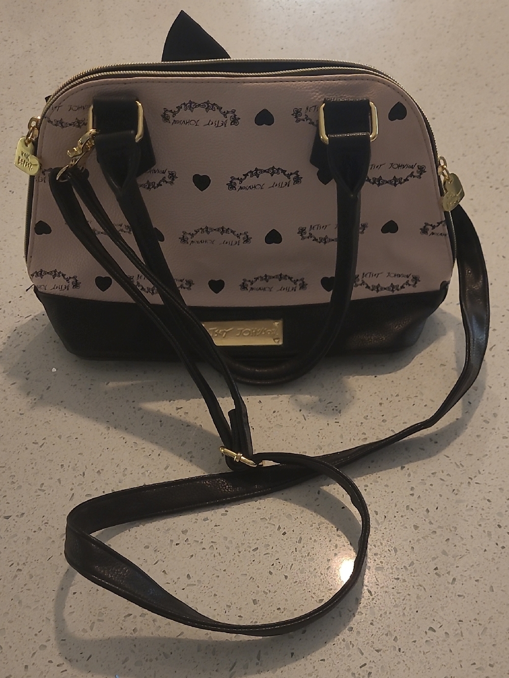 Betsey Johnson Pink and Black Heart Print Satchel